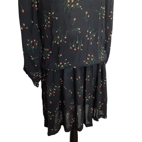 Vintage 80s Drop Waist Mini Dress Peter Pan Collar Sheer Floral Black Womens 10 - Picture 6 of 15